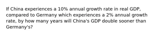 If China experiences a 10% annual growth rate in real GDP, compared to Germany which experiences a 2% annual growth rate, by how many years will China's GDP double sooner than Germany's?