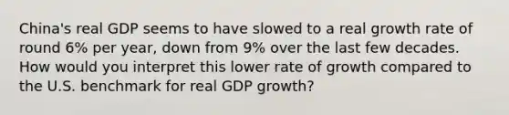 China's real GDP seems to have slowed to a real growth rate of round 6% per year, down from 9% over the last few decades. How would you interpret this lower rate of growth compared to the U.S. benchmark for real GDP growth?