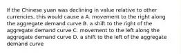 If the Chinese yuan was declining in value relative to other currencies, this would cause a A. movement to the right along the aggregate demand curve B. a shift to the right of the aggregate demand curve C. movement to the left along the aggregate demand curve D. a shift to the left of the aggregate demand curve