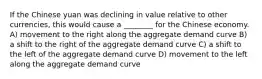 If the Chinese yuan was declining in value relative to other currencies, this would cause a ________ for the Chinese economy. A) movement to the right along the aggregate demand curve B) a shift to the right of the aggregate demand curve C) a shift to the left of the aggregate demand curve D) movement to the left along the aggregate demand curve