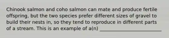 Chinook salmon and coho salmon can mate and produce fertile offspring, but the two species prefer different sizes of gravel to build their nests in, so they tend to reproduce in different parts of a stream. This is an example of a(n) __________________________