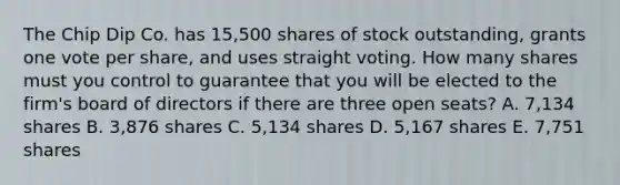 The Chip Dip Co. has 15,500 shares of stock outstanding, grants one vote per share, and uses straight voting. How many shares must you control to guarantee that you will be elected to the firm's board of directors if there are three open seats? A. 7,134 shares B. 3,876 shares C. 5,134 shares D. 5,167 shares E. 7,751 shares