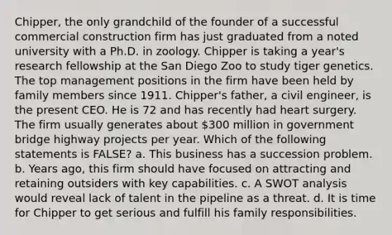 Chipper, the only grandchild of the founder of a successful commercial construction firm has just graduated from a noted university with a Ph.D. in zoology. Chipper is taking a year's research fellowship at the San Diego Zoo to study tiger genetics. The top management positions in the firm have been held by family members since 1911. Chipper's father, a civil engineer, is the present CEO. He is 72 and has recently had heart surgery. The firm usually generates about 300 million in government bridge highway projects per year. Which of the following statements is FALSE? a. This business has a succession problem. b. Years ago, this firm should have focused on attracting and retaining outsiders with key capabilities. c. A SWOT analysis would reveal lack of talent in the pipeline as a threat. d. It is time for Chipper to get serious and fulfill his family responsibilities.