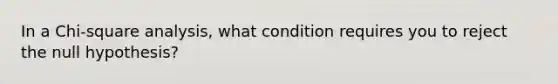 In a Chi-square analysis, what condition requires you to reject the null hypothesis?