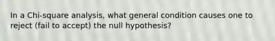 In a Chi-square analysis, what general condition causes one to reject (fail to accept) the null hypothesis?