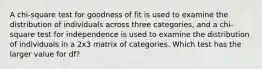 A chi-square test for goodness of fit is used to examine the distribution of individuals across three categories, and a chi-square test for independence is used to examine the distribution of individuals in a 2x3 matrix of categories. Which test has the larger value for df?