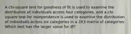 A chi-square test for goodness of fit is used to examine the distribution of individuals across four categories, and a chi-square test for independence is used to examine the distribution of individuals across six categories in a 2X3 matrix of categories. Which test has the larger value for df?