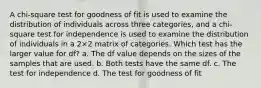 ​A chi-square test for goodness of fit is used to examine the distribution of individuals across three categories, and a chi-square test for independence is used to examine the distribution of individuals in a 2×2 matrix of categories. Which test has the larger value for df? ​a. The df value depends on the sizes of the samples that are used. ​b. Both tests have the same df. ​c. The test for independence d. The test for goodness of fit