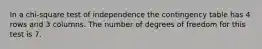 In a chi-square test of independence the contingency table has 4 rows and 3 columns. The number of degrees of freedom for this test is 7.