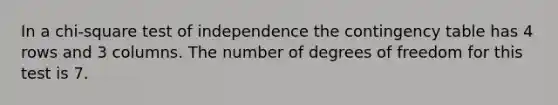 In a chi-square test of independence the contingency table has 4 rows and 3 columns. The number of degrees of freedom for this test is 7.