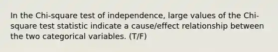 In the Chi-square test of independence, large values of the Chi-square test statistic indicate a cause/effect relationship between the two categorical variables. (T/F)