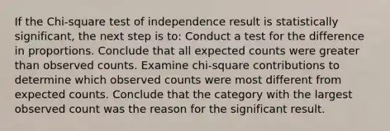 If the Chi-square test of independence result is statistically significant, the next step is to: Conduct a test for the difference in proportions. Conclude that all expected counts were <a href='https://www.questionai.com/knowledge/ktgHnBD4o3-greater-than' class='anchor-knowledge'>greater than</a> observed counts. Examine chi-square contributions to determine which observed counts were most different from expected counts. Conclude that the category with the largest observed count was the reason for the significant result.