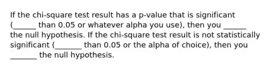 If the chi-square test result has a p-value that is significant (______ than 0.05 or whatever alpha you use), then you ______ the null hypothesis. If the chi-square test result is not statistically significant (_______ than 0.05 or the alpha of choice), then you _______ the null hypothesis.