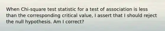 When Chi-square test statistic for a test of association is less than the corresponding critical value, I assert that I should reject the null hypothesis. Am I correct?