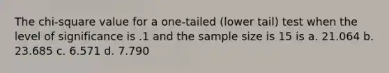 The chi-square value for a one-tailed (lower tail) test when the level of significance is .1 and the sample size is 15 is a. 21.064 b. 23.685 c. 6.571 d. 7.790