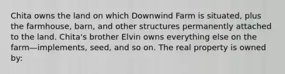 Chita owns the land on which Downwind Farm is situated, plus the farmhouse, barn, and other structures permanently attached to the land. Chita's brother Elvin owns everything else on the farm—implements, seed, and so on. The real property is owned by: