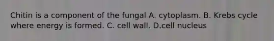 Chitin is a component of the fungal A. cytoplasm. B. <a href='https://www.questionai.com/knowledge/kqfW58SNl2-krebs-cycle' class='anchor-knowledge'>krebs cycle</a> where energy is formed. C. cell wall. D.<a href='https://www.questionai.com/knowledge/ksZq6y1LRD-cell-nucleus' class='anchor-knowledge'>cell nucleus</a>