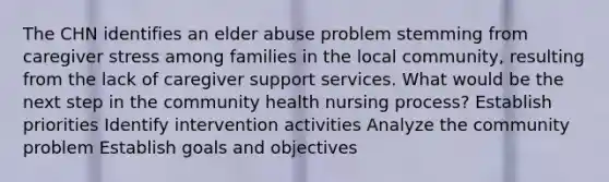 The CHN identifies an elder abuse problem stemming from caregiver stress among families in the local community, resulting from the lack of caregiver support services. What would be the next step in the community health nursing process? Establish priorities Identify intervention activities Analyze the community problem Establish goals and objectives