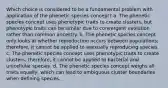 Which choice is considered to be a fundamental problem with application of the phenetic species concept? a. The phenetic species concept uses phenotypic traits to create clusters, but phenotypic traits can be similar due to convergent evolution rather than common ancestry. b. The phenetic species concept only looks at whether reproduction occurs between populations; therefore, it cannot be applied to asexually reproducing species. c. The phenetic species concept uses phenotypic traits to create clusters; therefore, it cannot be applied to bacterial and unicellular species. d. The phenetic species concept weighs all traits equally, which can lead to ambiguous cluster boundaries when defining species.