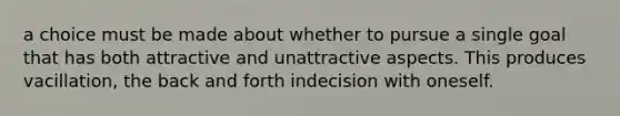 a choice must be made about whether to pursue a single goal that has both attractive and unattractive aspects. This produces vacillation, the back and forth indecision with oneself.