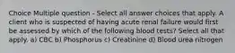 Choice Multiple question - Select all answer choices that apply. A client who is suspected of having acute renal failure would first be assessed by which of the following blood tests? Select all that apply. a) CBC b) Phosphorus c) Creatinine d) Blood urea nitrogen