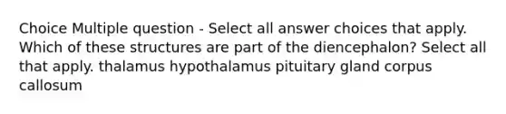 Choice Multiple question - Select all answer choices that apply. Which of these structures are part of the diencephalon? Select all that apply. thalamus hypothalamus pituitary gland corpus callosum