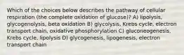 Which of the choices below describes the pathway of cellular respiration (the complete oxidation of glucose)? A) lipolysis, glycogenolysis, beta oxidation B) glycolysis, Krebs cycle, electron transport chain, oxidative phosphorylation C) gluconeogenesis, Krebs cycle, lipolysis D) glycogenesis, lipogenesis, electron transport chain