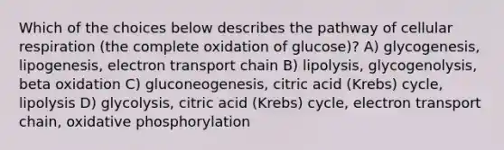 Which of the choices below describes the pathway of cellular respiration (the complete oxidation of glucose)? A) glycogenesis, lipogenesis, electron transport chain B) lipolysis, glycogenolysis, beta oxidation C) gluconeogenesis, citric acid (Krebs) cycle, lipolysis D) glycolysis, citric acid (Krebs) cycle, electron transport chain, <a href='https://www.questionai.com/knowledge/kFazUb9IwO-oxidative-phosphorylation' class='anchor-knowledge'>oxidative phosphorylation</a>