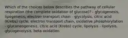 Which of the choices below describes the pathway of cellular respiration (the complete oxidation of glucose)? - glycogenesis, lipogenesis, electron transport chain - glycolysis, citric acid (Krebs) cycle, electron transport chain, oxidative phosphorylation - gluconeogenesis, citric acid (Krebs) cycle, lipolysis - lipolysis, glycogenolysis, beta oxidation