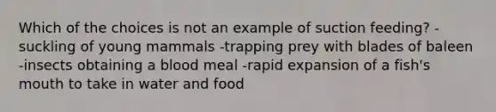 Which of the choices is not an example of suction feeding? -suckling of young mammals -trapping prey with blades of baleen -insects obtaining a blood meal -rapid expansion of a fish's mouth to take in water and food