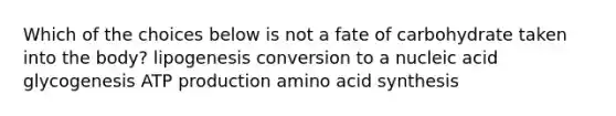 Which of the choices below is not a fate of carbohydrate taken into the body? lipogenesis conversion to a nucleic acid glycogenesis ATP production amino acid synthesis