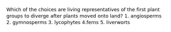 Which of the choices are living representatives of the first plant groups to diverge after plants moved onto land? 1. angiosperms 2. gymnosperms 3. lycophytes 4.ferns 5. liverworts