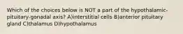 Which of the choices below is NOT a part of the hypothalamic-pituitary-gonadal axis? A)interstitial cells B)anterior pituitary gland C)thalamus D)hypothalamus