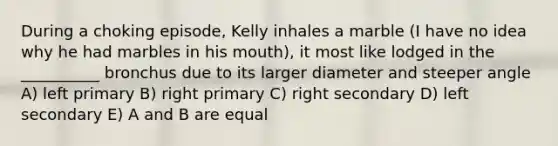 During a choking episode, Kelly inhales a marble (I have no idea why he had marbles in his mouth), it most like lodged in the __________ bronchus due to its larger diameter and steeper angle A) left primary B) right primary C) right secondary D) left secondary E) A and B are equal