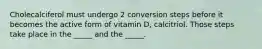 Cholecalciferol must undergo 2 conversion steps before it becomes the active form of vitamin D, calcitriol. Those steps take place in the _____ and the _____.