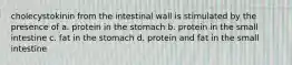 cholecystokinin from the intestinal wall is stimulated by the presence of a. protein in the stomach b. protein in the small intestine c. fat in the stomach d. protein and fat in the small intestine