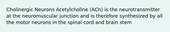 Cholinergic Neurons Acetylcholine (ACh) is the neurotransmitter at the neuromuscular junction and is therefore synthesized by all the motor neurons in the spinal cord and brain stem