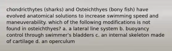 chondricthytes (sharks) and Osteichthyes (bony fish) have evolved anatomical solutions to increase swimming speed and maneuverability. which of the following modifications is not found in osteichthyes? a. a lateral line system b. buoyancy control through swimmer's bladders c. an internal skeleton made of cartilage d. an operculum