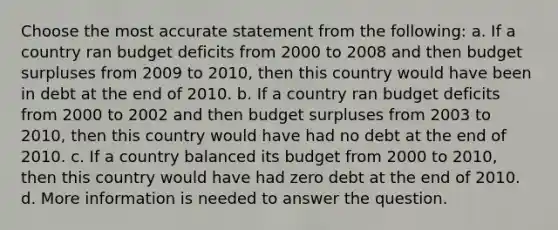 Choose the most accurate statement from the following: a. If a country ran budget deficits from 2000 to 2008 and then budget surpluses from 2009 to 2010, then this country would have been in debt at the end of 2010. b. If a country ran budget deficits from 2000 to 2002 and then budget surpluses from 2003 to 2010, then this country would have had no debt at the end of 2010. c. If a country balanced its budget from 2000 to 2010, then this country would have had zero debt at the end of 2010. d. More information is needed to answer the question.