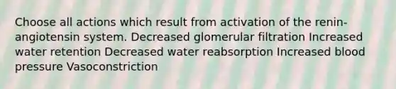 Choose all actions which result from activation of the renin-angiotensin system. Decreased glomerular filtration Increased water retention Decreased water reabsorption Increased <a href='https://www.questionai.com/knowledge/kD0HacyPBr-blood-pressure' class='anchor-knowledge'>blood pressure</a> Vasoconstriction