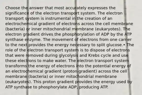 Choose the answer that most accurately expresses the significance of the electron transport system. The electron transport system is instrumental in the creation of an electrochemical gradient of electrons across the cell membrane (bacteria) or inner mitochondrial membrane (eukaryotes). The electron gradient drives the phosphorylation of ADP by the ATP synthase enzyme. The movement of electrons from one carrier to the next provides the energy necessary to split glucose.• The role of the electron transport system is to dispose of electrons that were removed during glycolysis and Krebs cycle and use these electrons to make water. The electron transport system transforms the energy of electrons into the potential energy of an electrochemical gradient (proton gradient) across the cell membrane (bacteria) or inner mitochondrial membrane (eukaryotes). This proton gradient provides the energy used by ATP synthase to phosphorylate ADP, producing ATP.