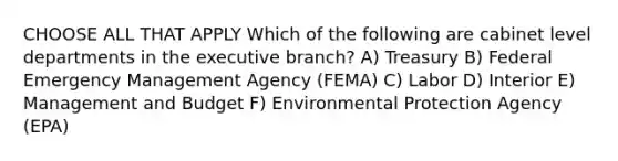 CHOOSE ALL THAT APPLY Which of the following are cabinet level departments in the executive branch? A) Treasury B) Federal Emergency Management Agency (FEMA) C) Labor D) Interior E) Management and Budget F) Environmental Protection Agency (EPA)