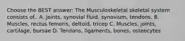 Choose the BEST answer: The Musculoskeletal skeletal system consists of.. A. Joints, synovial fluid, synovium, tendons. B. Muscles, rectus femoris, deltoid, tricep C. Muscles, joints, cartilage, bursae D. Tendons, ligaments, bones, osteocytes