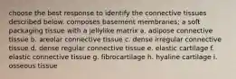 choose the best response to identify the connective tissues described below. composes basement membranes; a soft packaging tissue with a jellylike matrix a. adipose connective tissue b. areolar connective tissue c. dense irregular connective tissue d. dense regular connective tissue e. elastic cartilage f. elastic connective tissue g. fibrocartilage h. hyaline cartilage i. osseous tissue