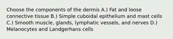 Choose the components of the dermis A.) Fat and loose connective tissue B.) Simple cuboidal epithelium and mast cells C.) Smooth muscle, glands, lymphatic vessels, and nerves D.) Melanocytes and Landgerhans cells