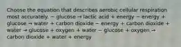 Choose the equation that describes aerobic cellular respiration most accurately. ~ glucose → lactic acid + energy ~ energy + glucose → water + carbon dioxide ~ energy + carbon dioxide + water → glucose + oxygen + water ~ glucose + oxygen → carbon dioxide + water + energy