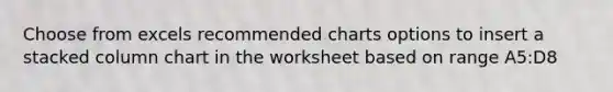 Choose from excels recommended charts options to insert a stacked column chart in the worksheet based on range A5:D8
