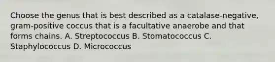 Choose the genus that is best described as a catalase-negative, gram-positive coccus that is a facultative anaerobe and that forms chains. A. Streptococcus B. Stomatococcus C. Staphylococcus D. Micrococcus