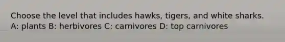 Choose the level that includes hawks, tigers, and white sharks. A: plants B: herbivores C: carnivores D: top carnivores