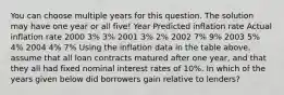 You can choose multiple years for this question. The solution may have one year or all five! Year Predicted inflation rate Actual inflation rate 2000 3% 3% 2001 3% 2% 2002 7% 9% 2003 5% 4% 2004 4% 7% Using the inflation data in the table above, assume that all loan contracts matured after one year, and that they all had fixed nominal interest rates of 10%. In which of the years given below did borrowers gain relative to lenders?